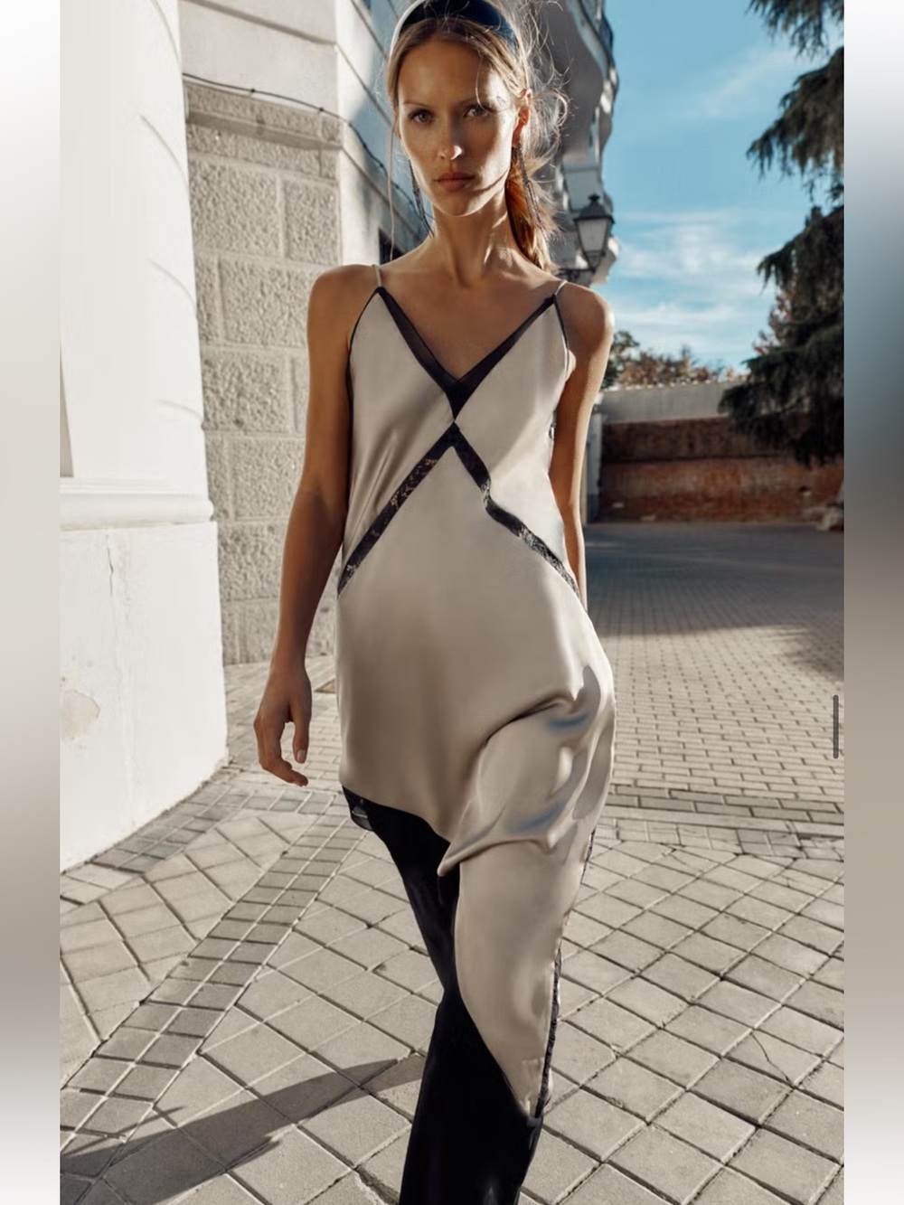 Zara Champagne Slip Dress with Black Contrast Trim - Picture 9 of 11